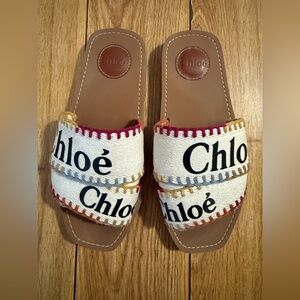 Chloe Woody Logo Multicolored Stitch Sandals, pre-owned, size 37